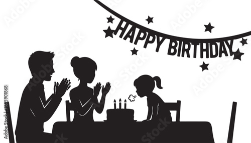 Silhouette of family celebrating happy birthday with cake and banner