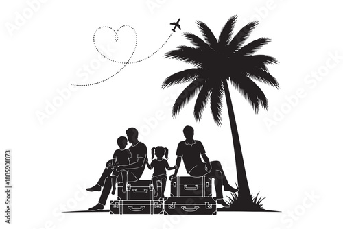 Family sitting under a palm tree with suitcases, traveling together, vacation and adventure concept