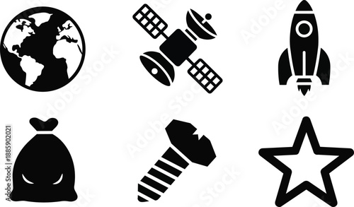 Flat design set of six space and tool icons globe satellite rocket bag screw star simple black vector icons in grid layout minimal bold silhouette collection