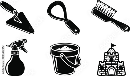 Flat design top view black tool icons trowel scoop brush sprayer bucket and sandcastle set isolated on white background minimal vector art monochrome simple