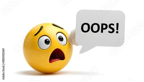 A surprised emoji with a speech bubble saying oops on a white background