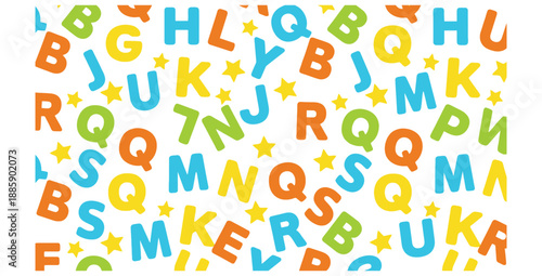 Vibrant seamless pattern featuring scattered colorful uppercase alphabet letters and small yellow stars on a clean white background suitable for educational materials.