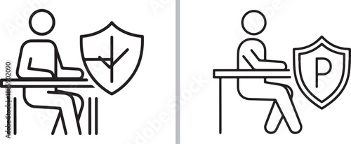 Two minimalist icons of a person sitting at a desk behind a protective shield. One shield features a leaf-like symbol, the other a "P," representing privacy, safety, and workspace protection.