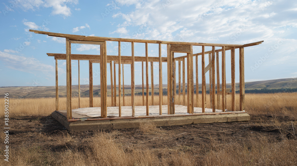 Fototapeta premium Poverty Inflation and Economic Crisis Wooden frame construction in dry field under blue sky shows economic crisis and inflation impact on poverty