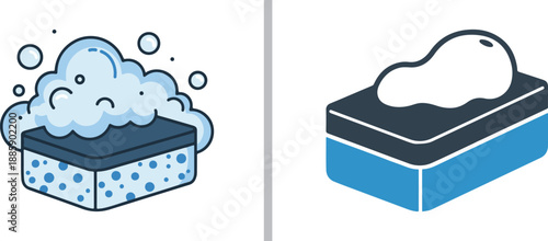 Two stylized vector icons of cleaning sponges: one features bubbly soap suds, while the other shows a smooth soap dollop on a dual-layered blue and black sponge.