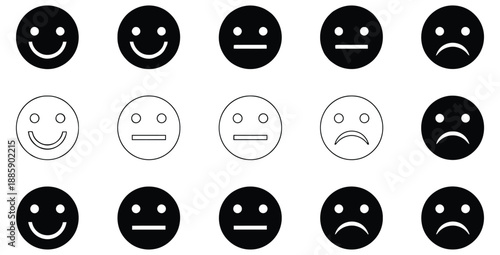 Collection of stylized feedback icons representing user satisfaction levels ranging from very happy to very sad in both solid and outline variations