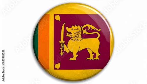 Circular Button Featuring the National Flag of Sri Lanka with Lion, Sword, and Bo Leaves on Maroon Background