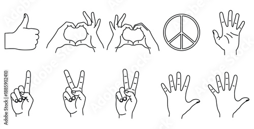 Collection of simple black and white line art illustrations depicting various positive hand gestures and symbols including peace love thumbs up and counting signs
