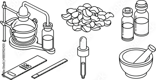 Line art isometric arrangement of herbal distillation setup with dropper mortar pestle vials dried petals top view scientific illustration minimalist black outline vector diagram