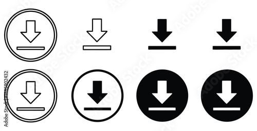 Collection of varied black and white download icons showing different styles of arrows pointing down toward a horizontal line representing data transfer or saving.