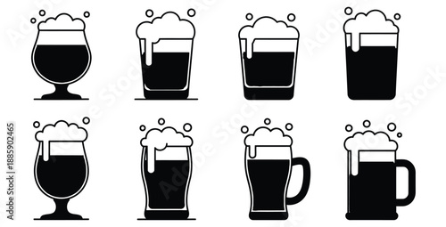 Collection of eight black and white iconographic silhouettes depicting various styles of foamy beer glasses and mugs ready for drinking and celebration