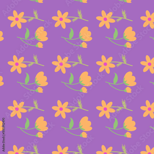 Pattern con delicati fiorellini arancio su sfondo viola