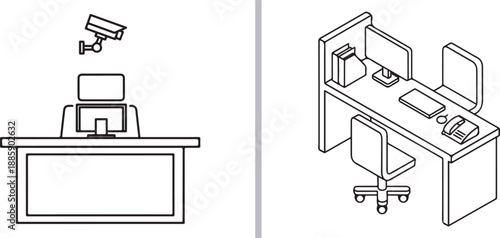 Minimalist line-art vector depicting office workspaces, featuring a front-view desk with a security camera and an isometric view of a cubicle with a computer and phone.
