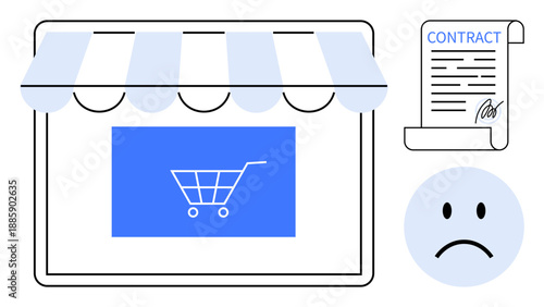 E-commerce challenges. E-commerce with a storefront, shopping cart, signed contract, and unhappy face. E-commerce issues in agreements, customer service, returns, and business practices