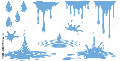 Collection of blue water drop illustrations featuring various stages of dripping splashing and ripple effects suitable for liquid design elements