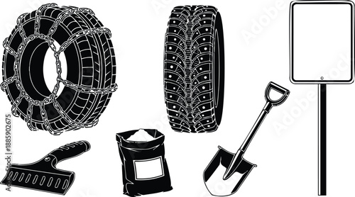 Vector line art close up of winter tire with snow chains and studded tread beside shovel salt bag ice scraper and road sign simple high contrast