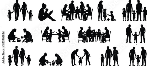 Silhouettes of families and individuals engaged in various activities together family people