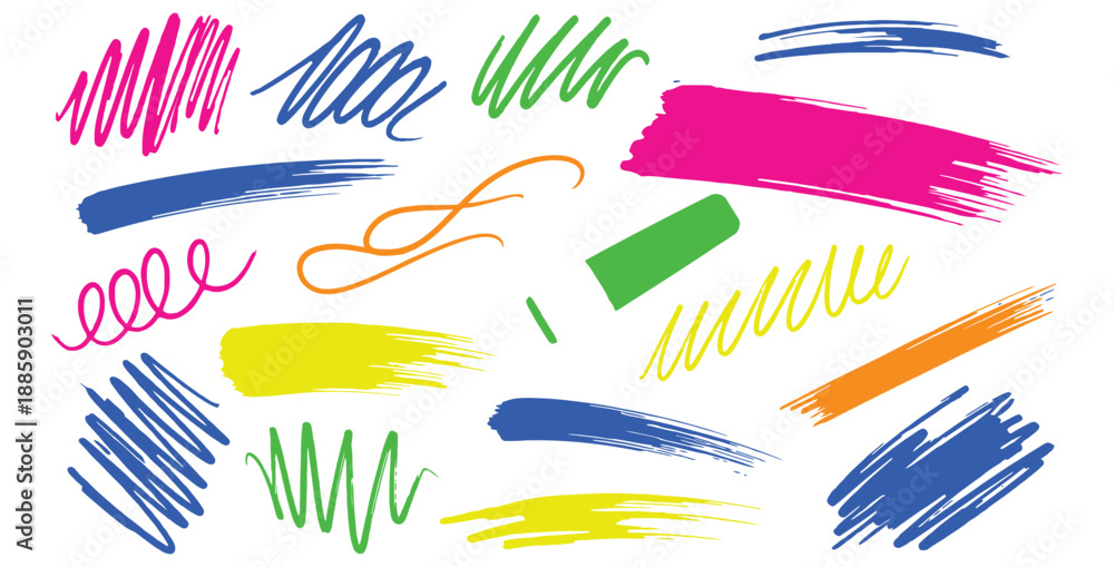 Obraz premium Collection of vibrant neon abstract paint strokes scribbles and brush marks featuring diverse colorful shapes and textures for artistic design elements