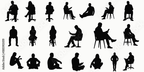 Silhouettes of People Sitting and Standing Holding Devices illustration vector