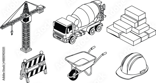 Isometric line art overhead view construction equipment set crane cement mixer stacked bricks safety barrier wheelbarrow hard hat isolated vector icons side view black outline site