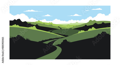 Scenic rolling green hills with a winding path under a bright blue sky