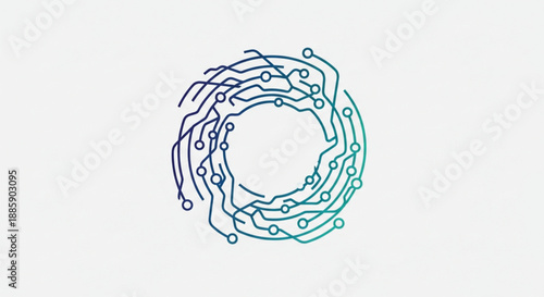 An abstract modern technology logo featuring a circular circuit board design with interconnected nodes and complex digital paths. This minimalist icon uses a vibrant teal to purple gradient.