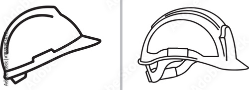 Two minimalist line art icons of protective construction hard hats, shown from side and three-quarter perspectives, emphasizing essential safety headgear for industrial and building sites.