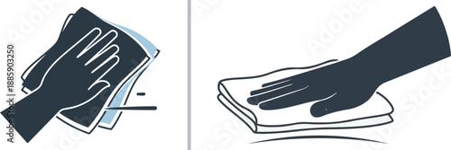A dual-panel vector graphic illustrating cleaning techniques: one side shows a dark hand silhouette scrubbing with a blue cloth, while the other depicts a hand wiping a surface with a folded rag.