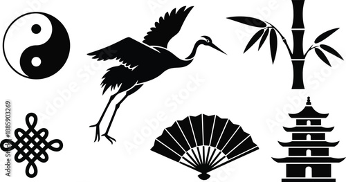 Flat design silhouette set of yin yang crane bamboo fan knot and pagoda icons arranged isolated on white background bold black ornamental style traditional minimal vector