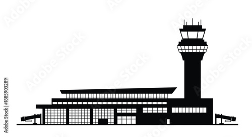 Simple black silhouette of an air traffic control tower and terminal building