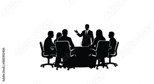 A silhouette of a business meeting with people seated around a table
