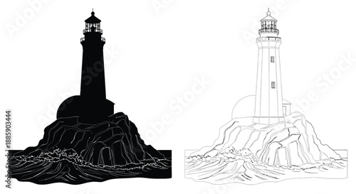 Black and white lighthouse illustrations on rocky islands contrasting designs shown