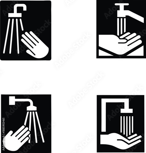  black and white droplet symbols depict water conservation, recycling, and refreshment in an illustration.