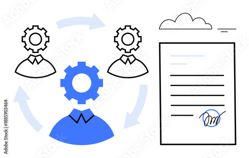 Workflow automation. Workflow automation illustrated with gear icons, signed document, and process arrows. Workflow integration improving task efficiency. For business, management, technology