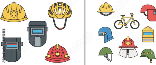 A comprehensive dual-panel vector set featuring various safety helmets and protective gear, including construction hard hats, welding masks, a bicycle, and a firefighter helmet.