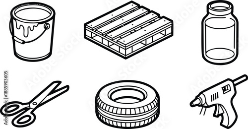 Line art icons set close up paint bucket wooden pallet glass jar scissors tire glue gun isolated on white background clean minimal outline simple vector symbols