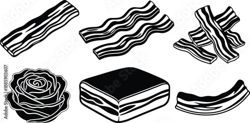 Line art vector bacon set with single rose garnish and rectangular slab multiple sliced pieces three quarter view top view side view monochrome food icons minimal