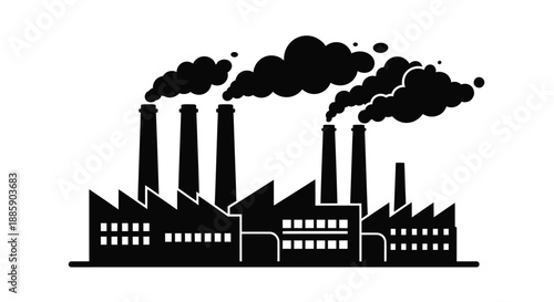 Industrial complex with multiple smokestacks emitting dark smoke into the atmosphere