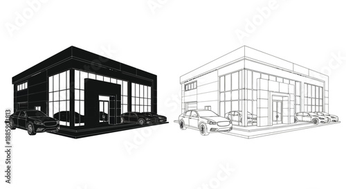 Architectural rendering of a modern car dealership building in two variations