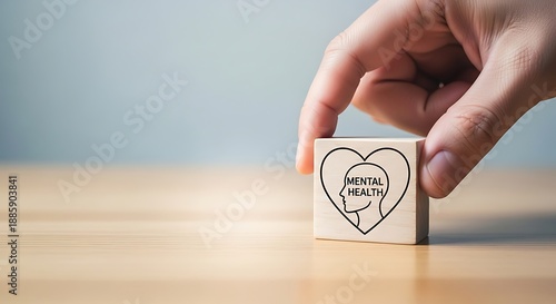 A hand holding a wooden block with a mental health symbol on a table