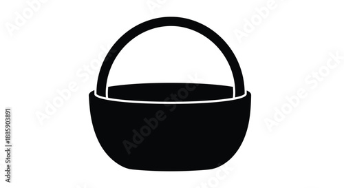 Simple black and white illustration of a rounded basket with a handle