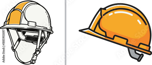 Two professional safety hard hat icons in white and orange, featuring detailed chin straps and side profiles, ideal for representing construction safety, engineering, and industrial protection.
