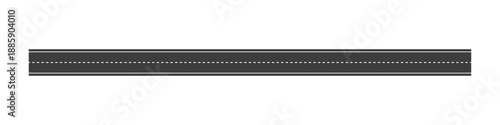Seamless straight asphalt road graphic with white dashed line markings, top view of a highway street lane for transportation and traffic concepts, isolated vector element for map design and urban infr