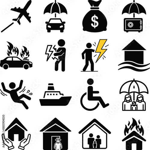Essential vector icons illustrating different types of insurance coverage for property, health, and travel safety
