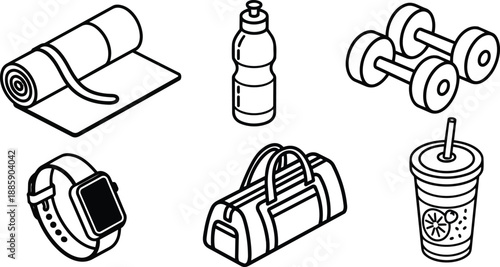 Minimalist line art isometric fitness icons set with rolled yoga mat water bottle dumbbells smartwatch gym bag smoothie cup shown from top angle clean energetic vector