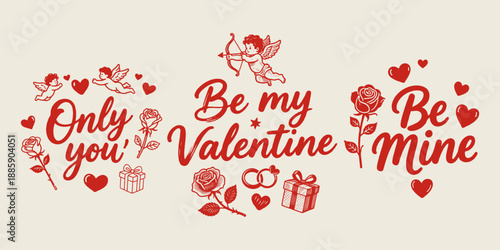 Red vintage-style Valentine typography with cupids, hearts, roses, and gifts on beige background. Concept of love and romance