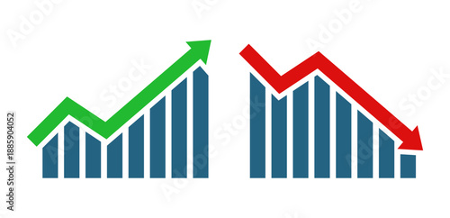 Financial bar chart icons showing upward green growth and downward red decline trends, set of business performance graphs with arrows for success and loss analysis