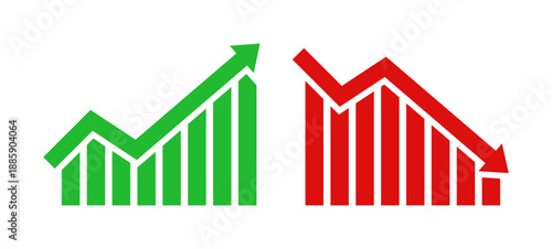 Financial bar chart icons showing upward green growth and downward red decline trends, set of business performance graphs with arrows for success and loss analysis