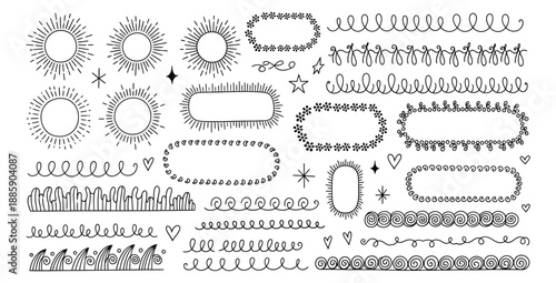 Collection of hand drawn decorative elements including whimsical sunbursts abstract swirls cute hearts and various stylish oval banner frames perfect for journaling or design projects