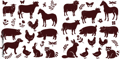 Extensive collection of farm and forest animal silhouettes including domestic and wild creatures with plants